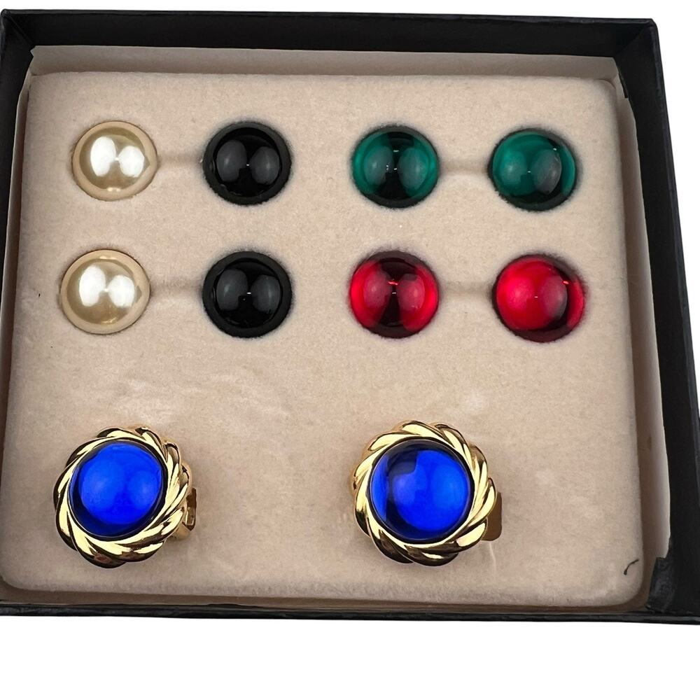 KJL Kenneth Jay Lane Interchangeable Clip On Earrings Gold Tone 6 Centers in Box